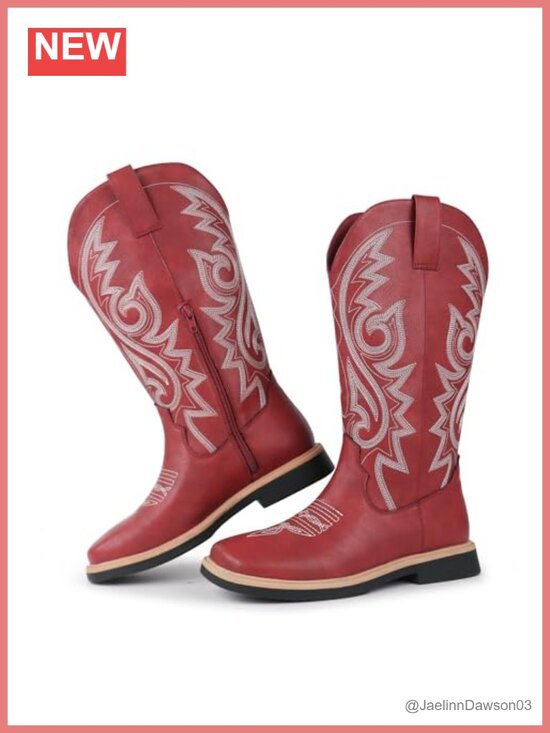 Shoes - Hawkwell Faux Leather Cowboy Boots Square Toe Side Zipper Embroidered Mid Calf